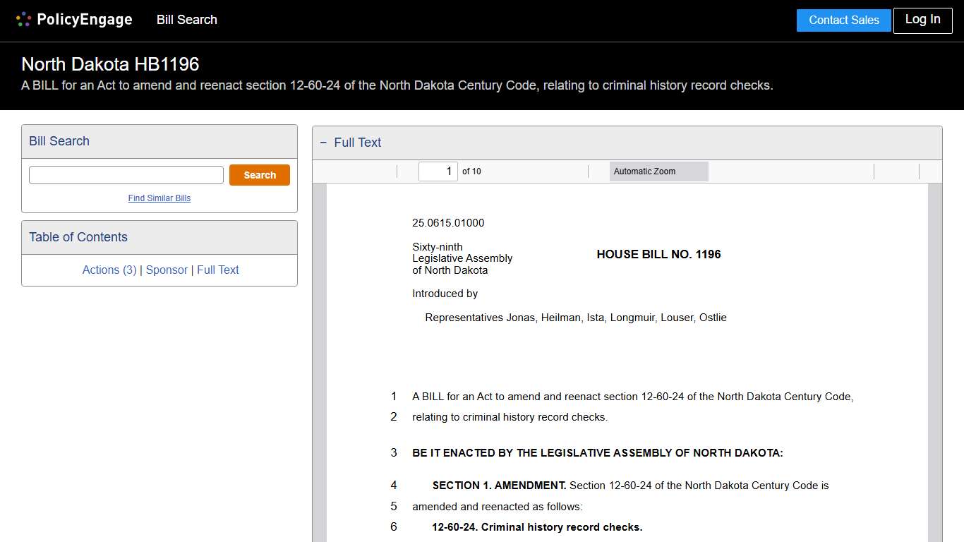 HB1196 North Dakota 2025-2026 A BILL for an Act to amend and reenact section 12-60-24 of the North Dakota Century Code, relating to criminal history record checks. - Legislative Tracking PolicyEngage
